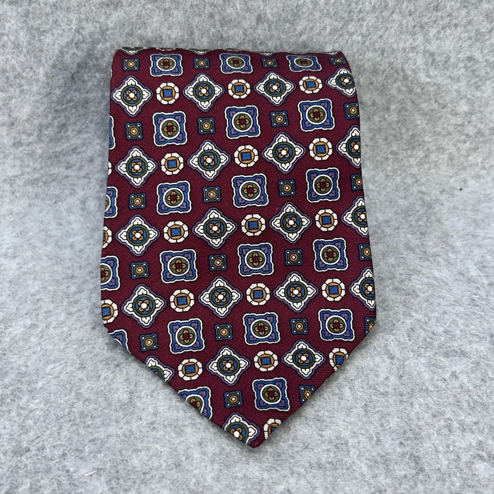 Chaps Ralph Lauren Silk Tie Burgundy Geometric Medallion USA Made 58" x 4"